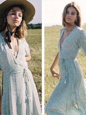 FAITHFULL THE BRAND CHIARA WRAP MIDI DRESS  FLORAL GREEN BOHO ANTHROPOLOGIE